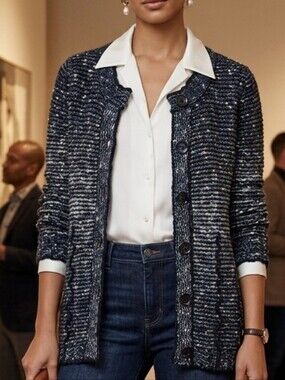 BCBGMaxAzria Navy Multi-Color Fleck Button-Front Chunky Knit Cardigan